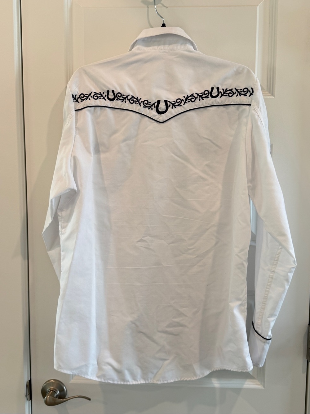 Ranger's Charro White Shirt with Dark Blue Floral Embroidery Button Down sz L - Picture 10 of 12